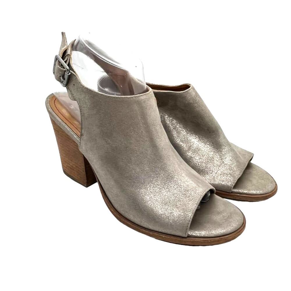 Trask Silngback Heels Parker Gray Silver Metallic Suede Sandals 3.5 heel SZ 8.5
